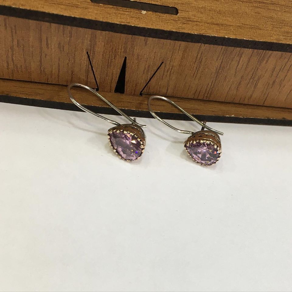 GÜMÜŞ PEMBE ZİRKON TAŞLI DAMLA KÜPE