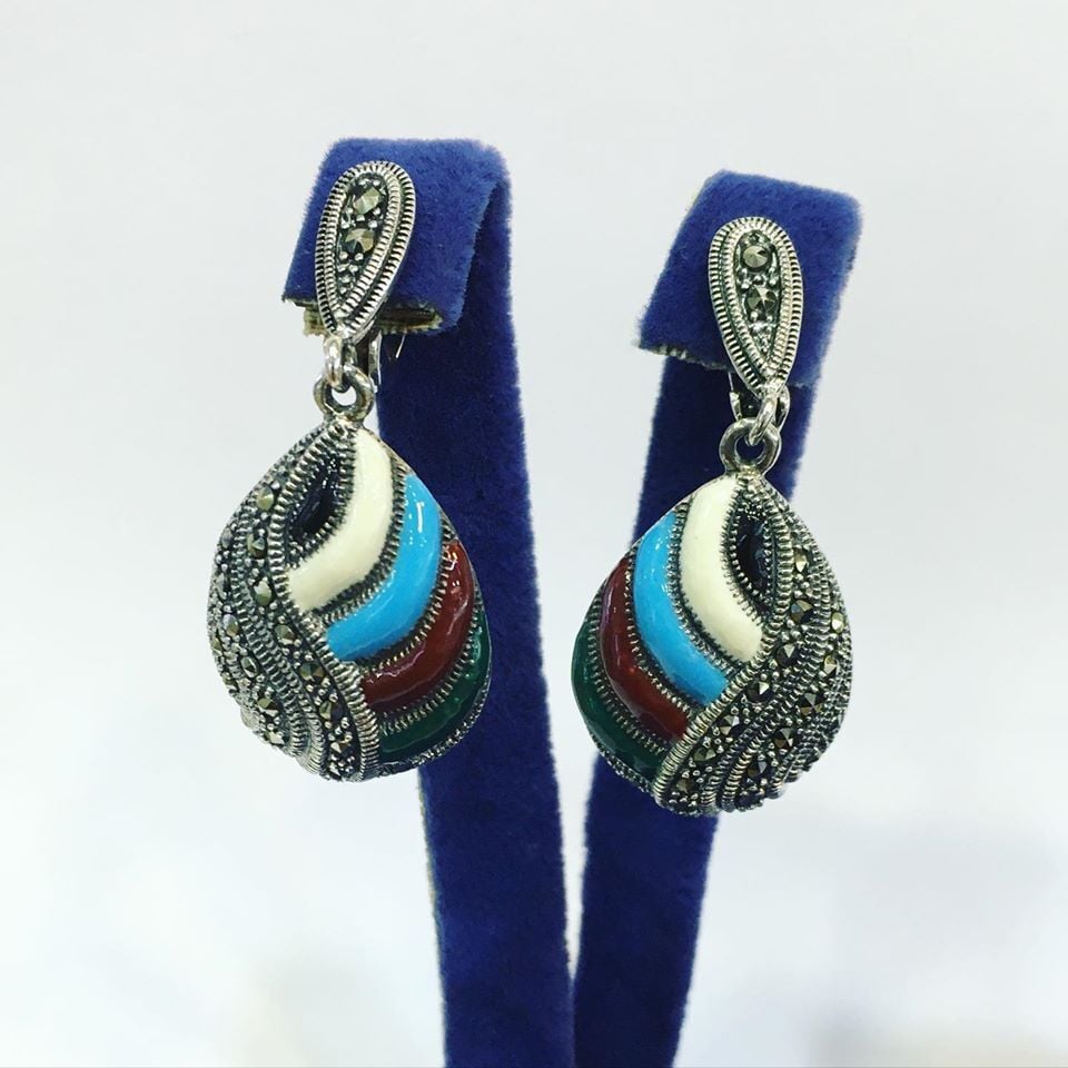 GÜMÜŞ MARKAZİT MİNE İŞLEMELİ DAMLA KÜPE