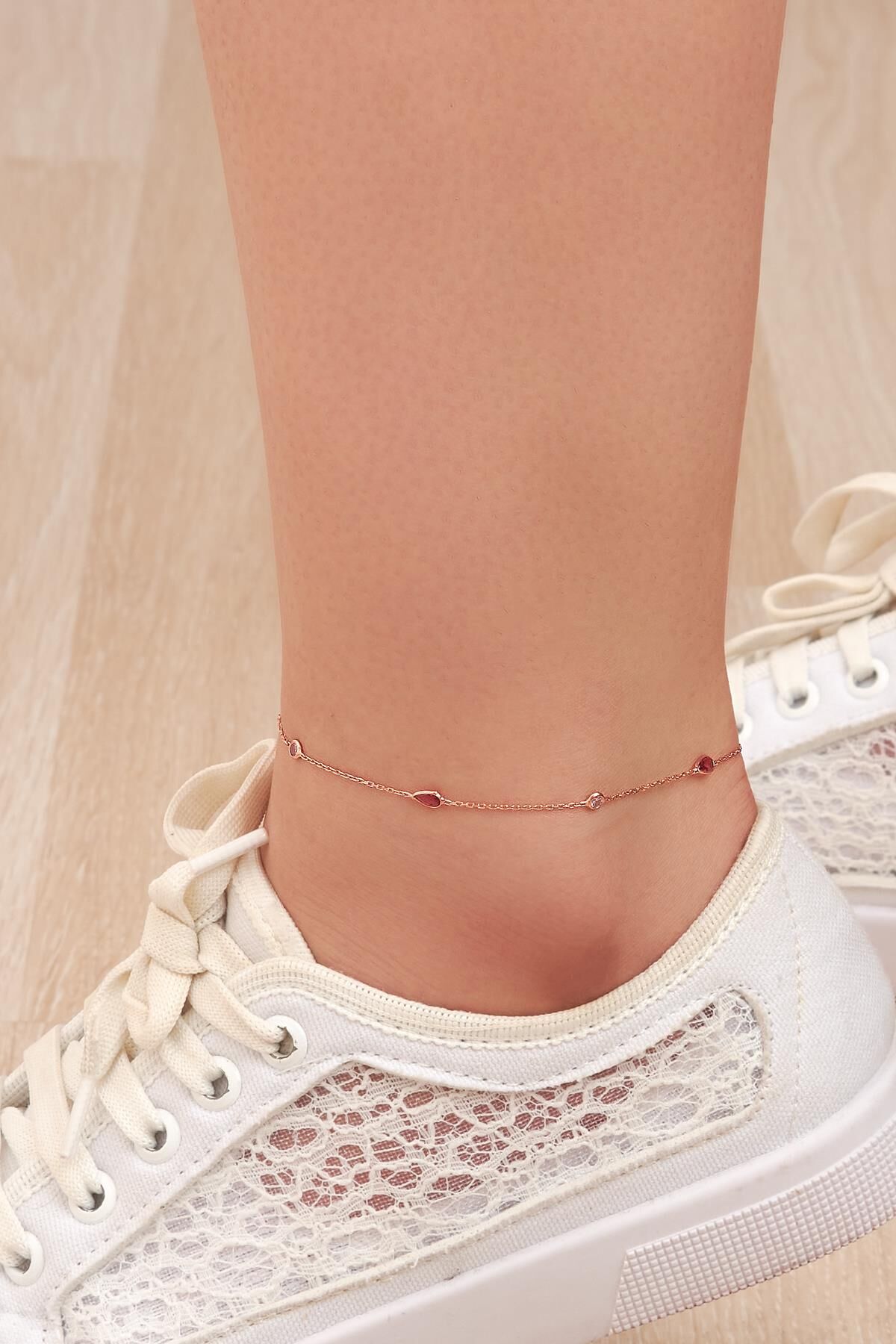 GÜMÜŞ ROSE KOYU PEMBE DAMLA ZİRKON TAŞLI HALHAL