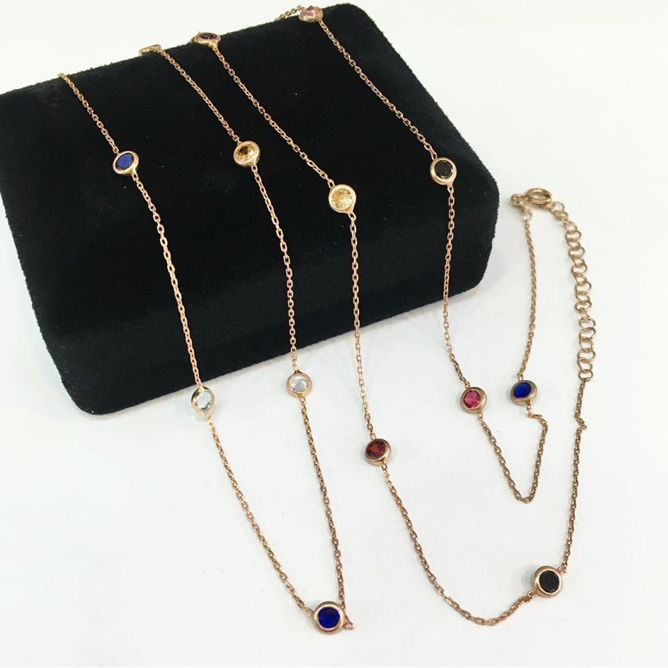 GÜMÜŞ ROSE BRONZ RENK ZİRKON TAŞLI RENKLİ TİFFANY KOLYE