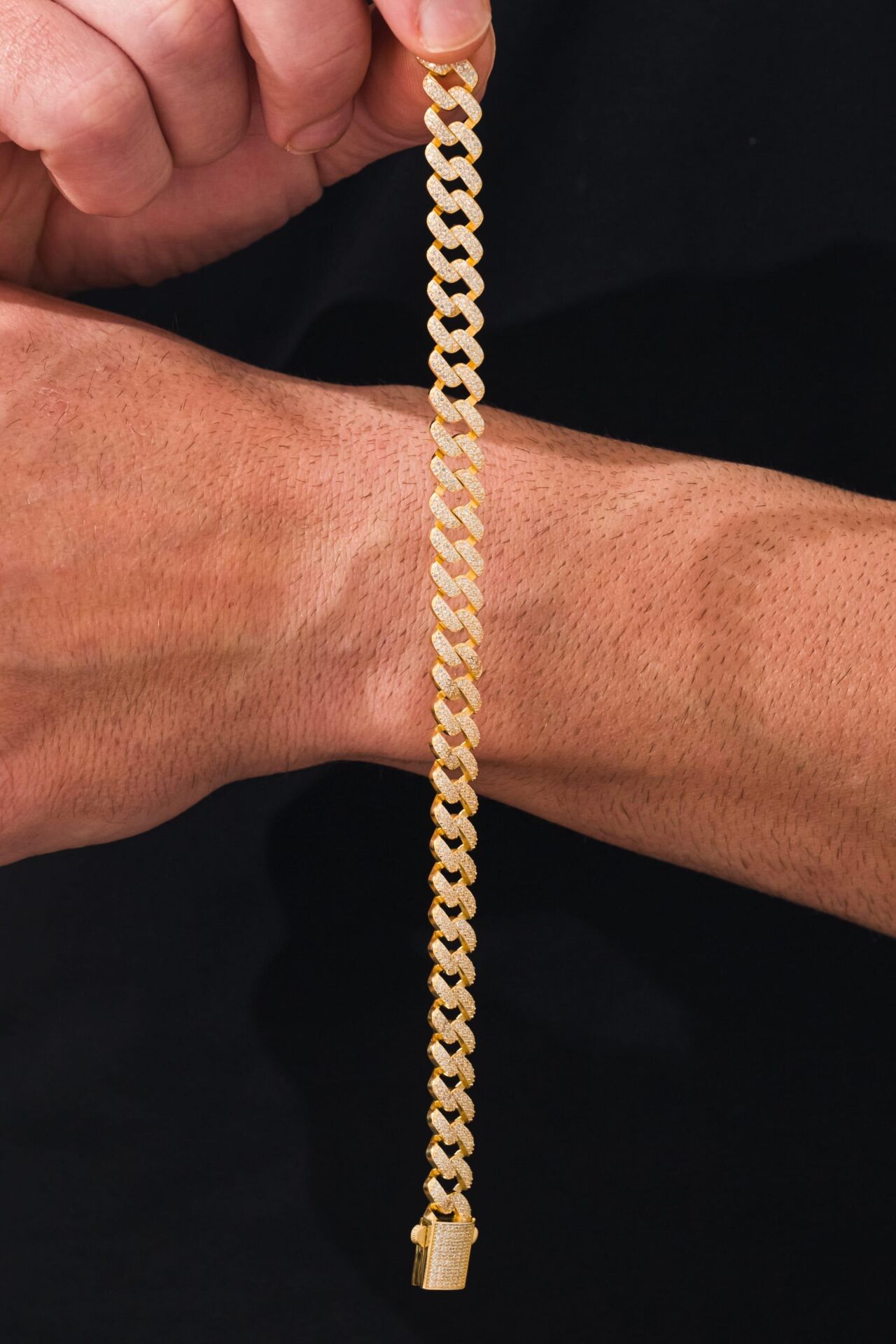 Erkek 10 mm Gümüş Altın Kaplama Tam Tur Beyaz Zirkon Taşlı Gurmet Zincir Bileklik