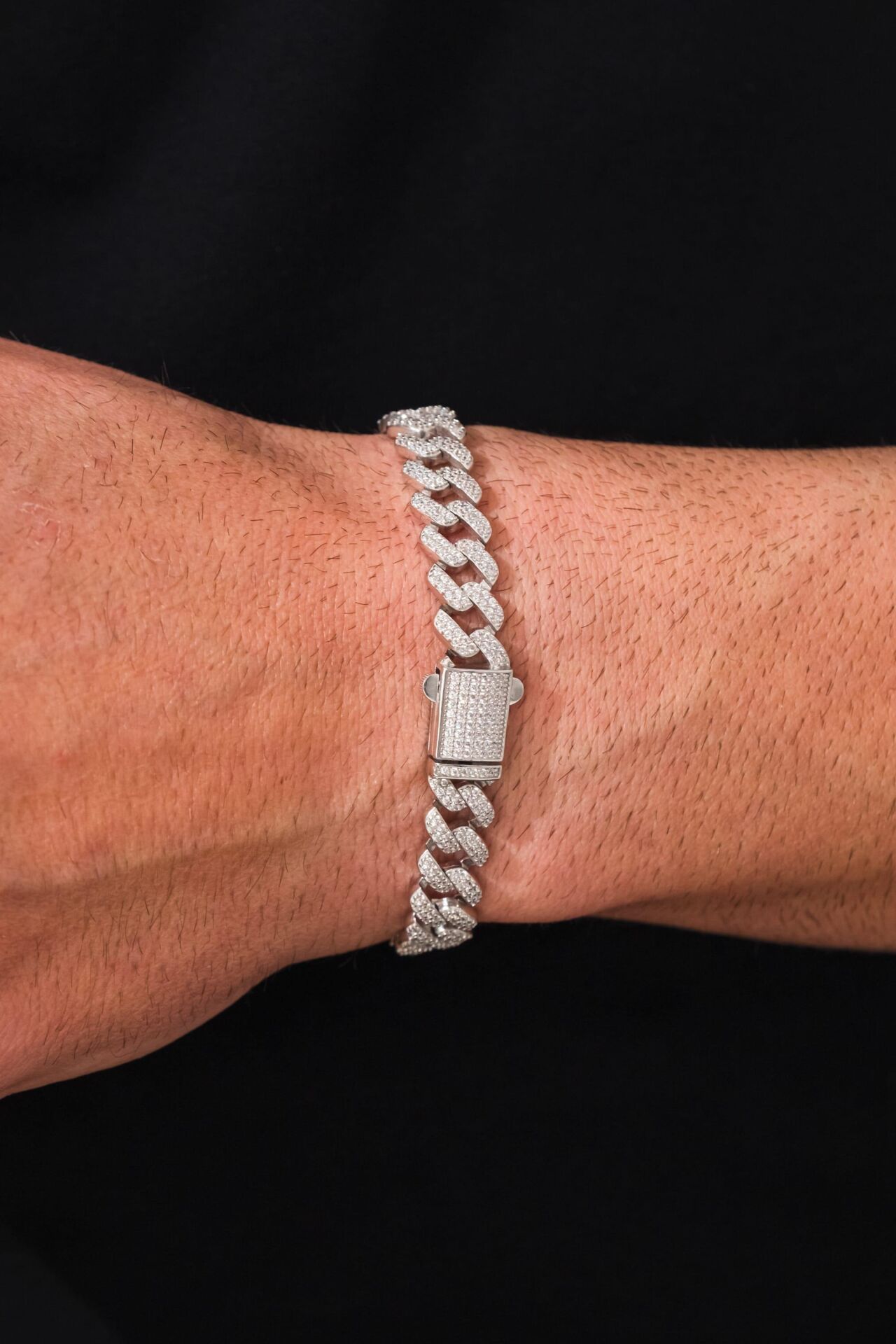 Erkek 10 mm Gümüş Tam Tur Beyaz Zirkon Taşlı Gurmet Zincir Bileklik