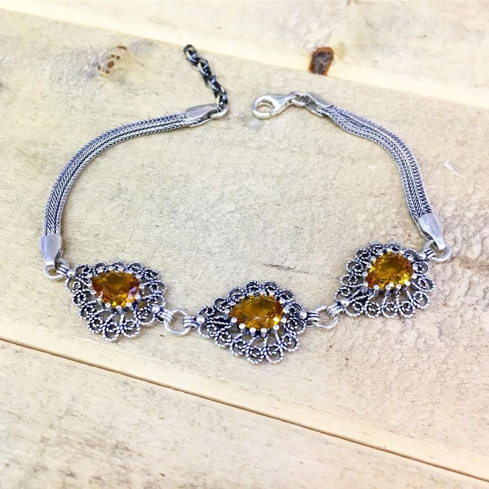 GÜMÜŞ TELKARİ SARI TAŞLI DAMLA BİLEKLİK