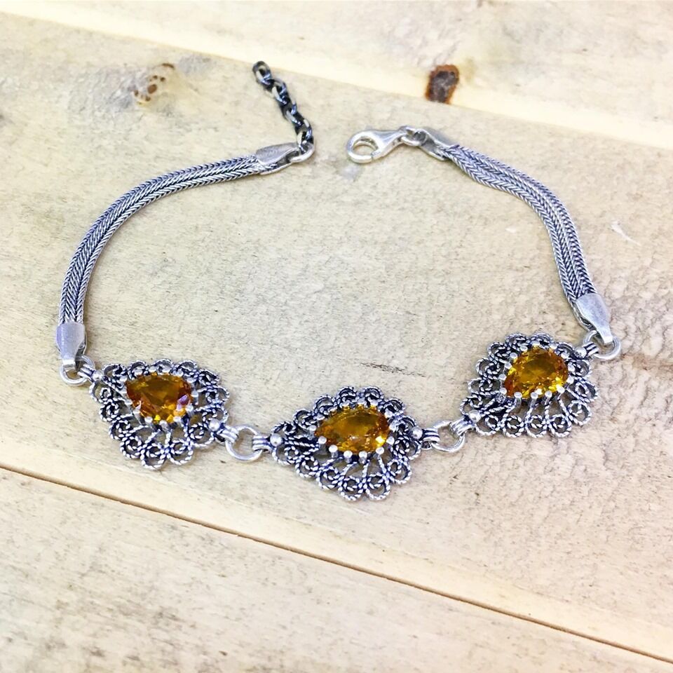 GÜMÜŞ TELKARİ SARI TAŞLI DAMLA BİLEKLİK