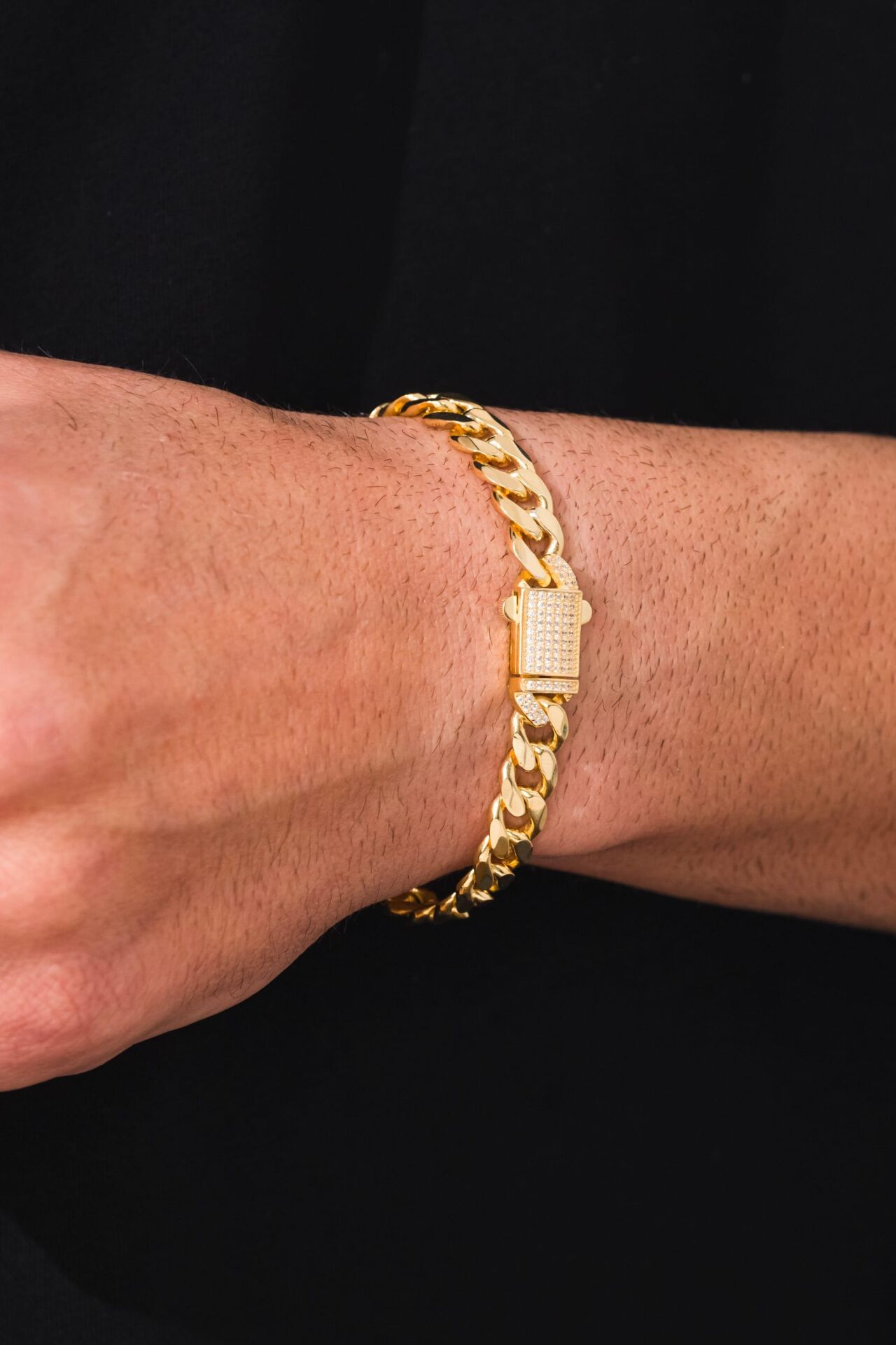 Erkek 9 mm Gümüş Altın Gold Kaplama Kalın Gurmet Zincir Kilidi Beyaz Zirkon Taşlı Bileklik