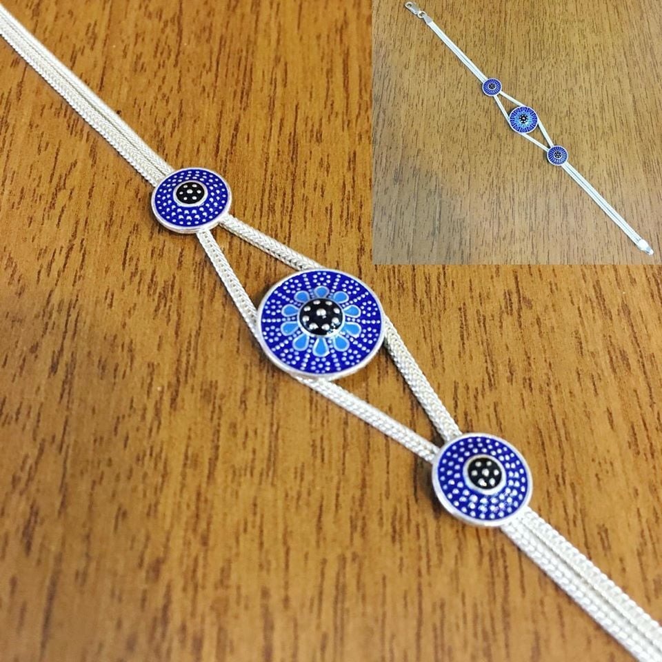 GÜMÜŞ MARDİN HASIRI MAVİ SİYAH MİNE İŞLEMELİ BİLEKLİK