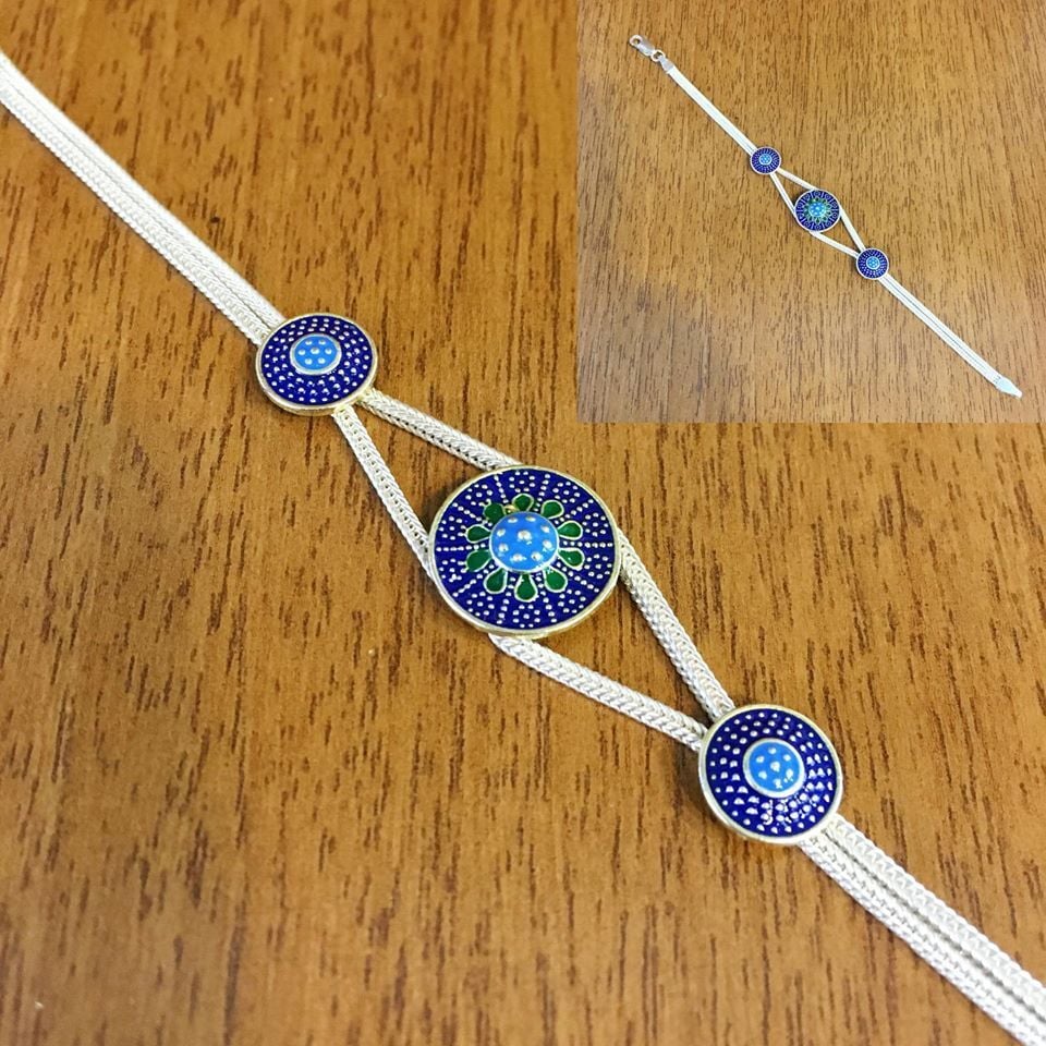 GÜMÜŞ MARDİN HASIRI MAVİ YEŞİL TURKUAZ MİNE İŞLEMELİ BİLEKLİK