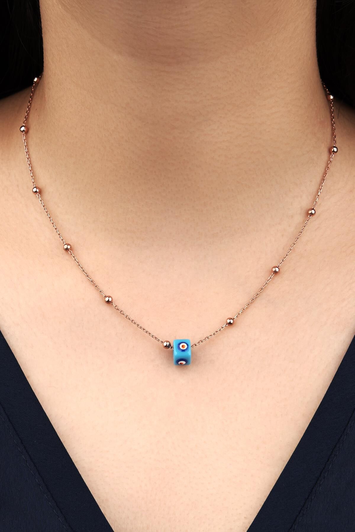 GÜMÜŞ MAVİ NAZAR BONCUKLU TOPLU İTALYAN ZİNCİR MODEL DORİKA KOLYE ROSE BRONZ - 50 cm