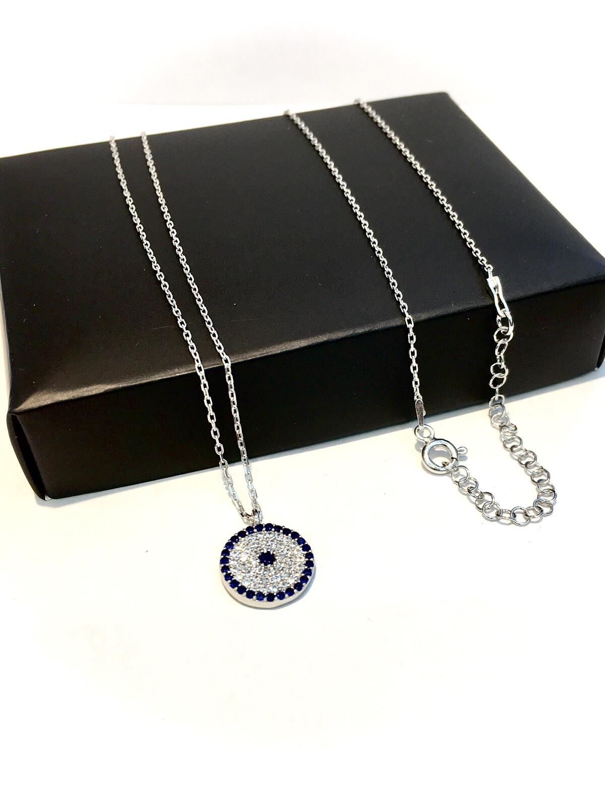 GÜMÜŞ NAZAR BONCUKLU ZİRKON TAŞLI MAVİ GÖZ KOLYE