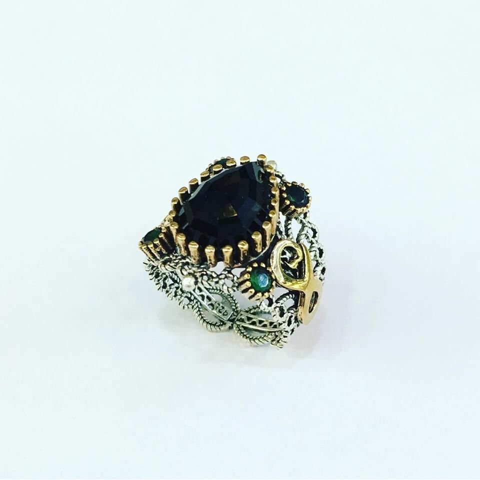 GÜMÜŞ TELKARİ SİYAH ZİRKON TAŞLI DAMLA YÜZÜK